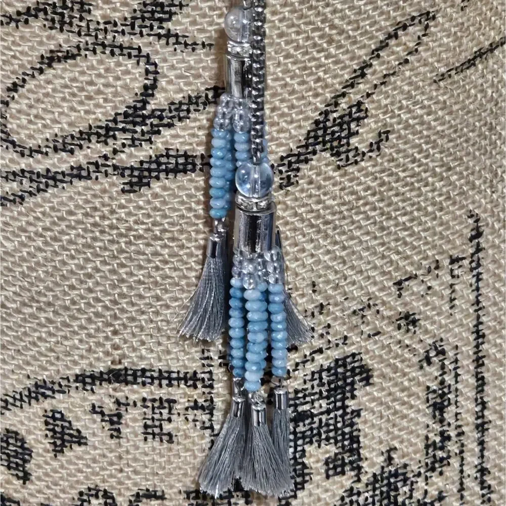 WHBM Blue Beaded Silver Tone Tassel Y Lariat Necklace